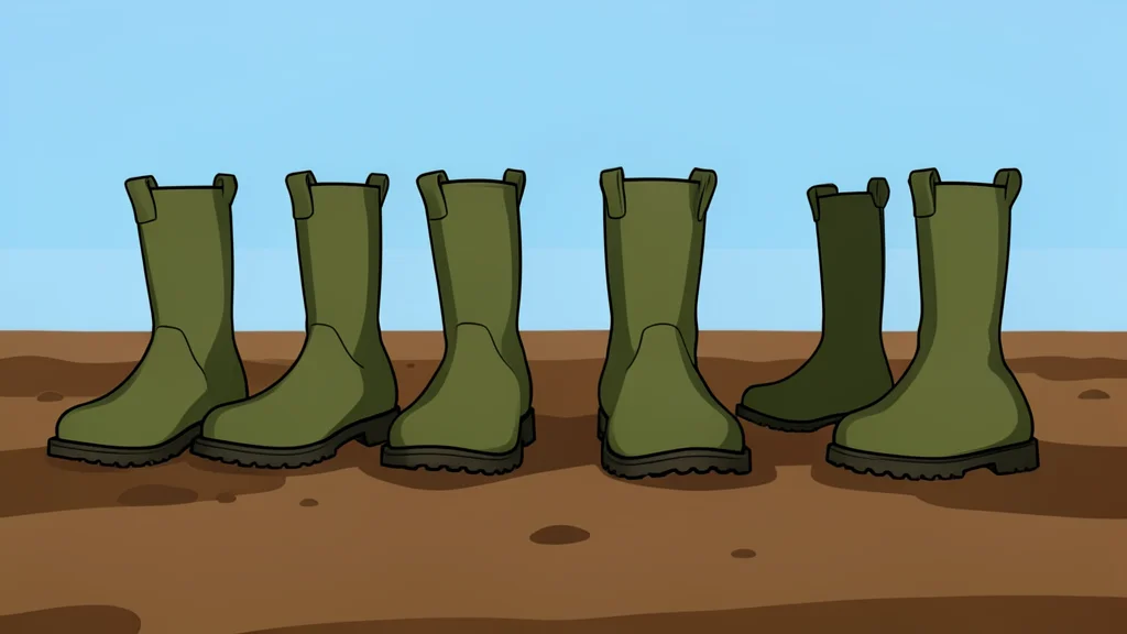 A row of empty military boots standing on a muddy field