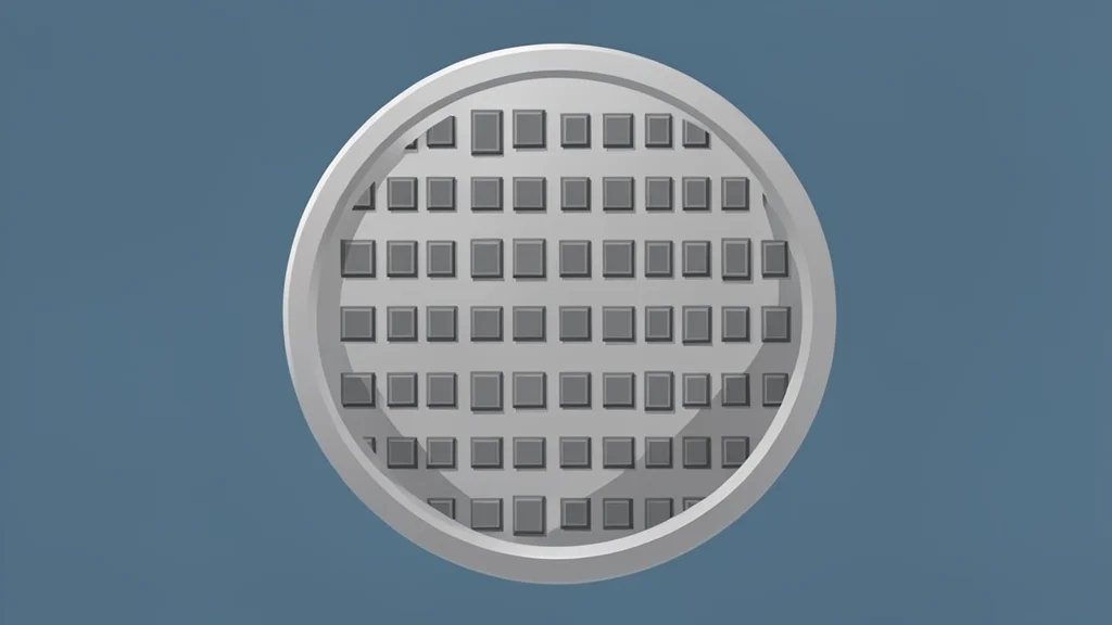 A close-up view of a silicon wafer with a grid of integrated circuits