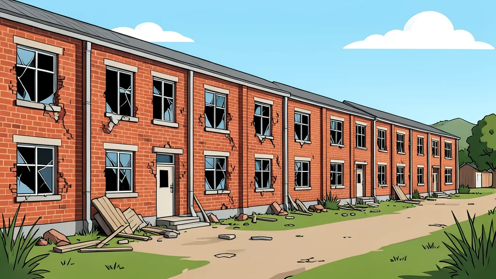 A row of damaged brick school buildings with broken windows and scattered debris in a rural landscape