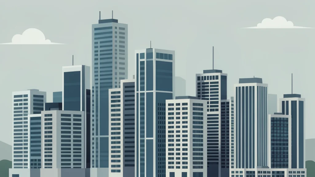 A dense cluster of high-rise office buildings in a modern city skyline under a hazy sky