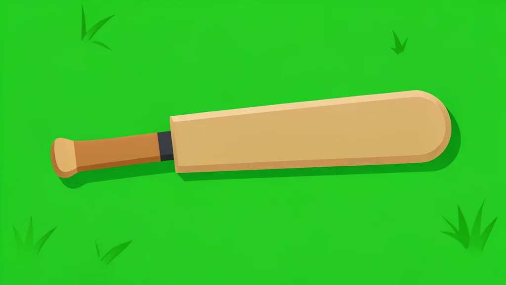 A cricket bat resting on a green grass field.