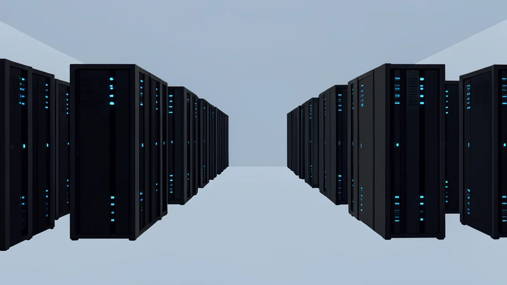A vast industrial server room with rows of black rectangular units and glowing blue status lights