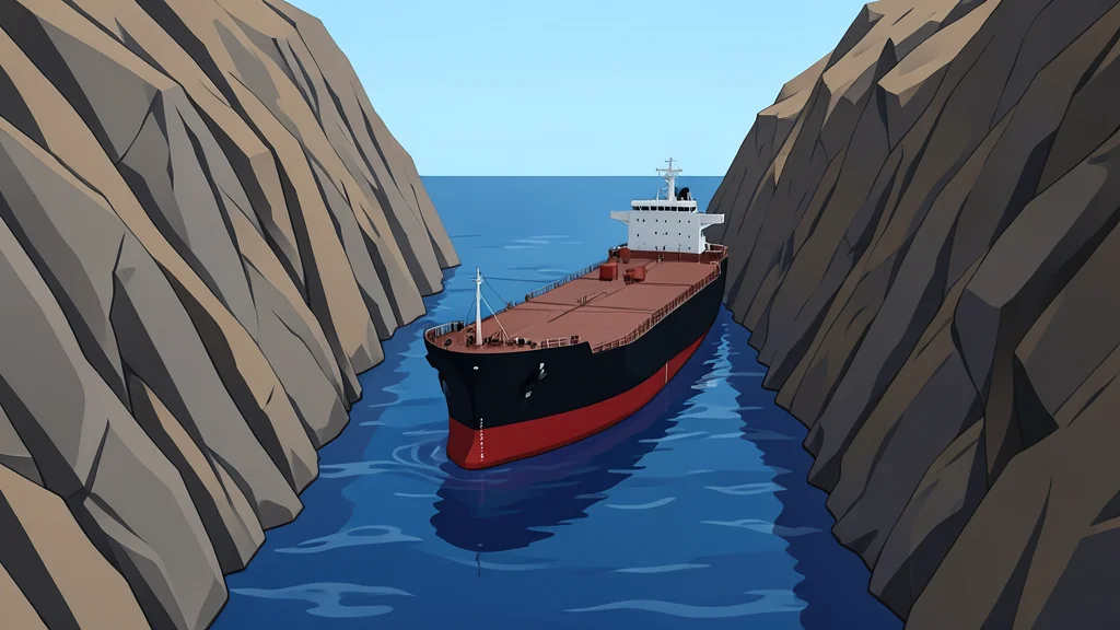 The Strait of Hormuz with oil tankers navigating the narrow waterway