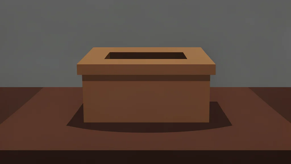 A wooden ballot box with a slot on top, sitting on a table in a dimly lit room