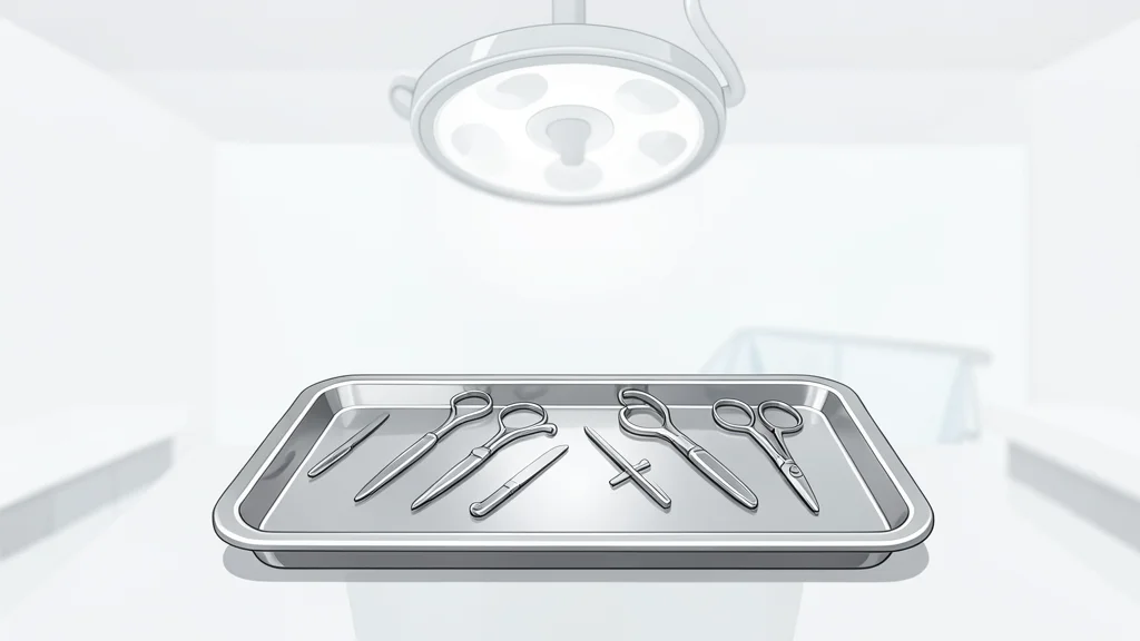 A sterile, white medical operating room with surgical instruments laid out on a tray