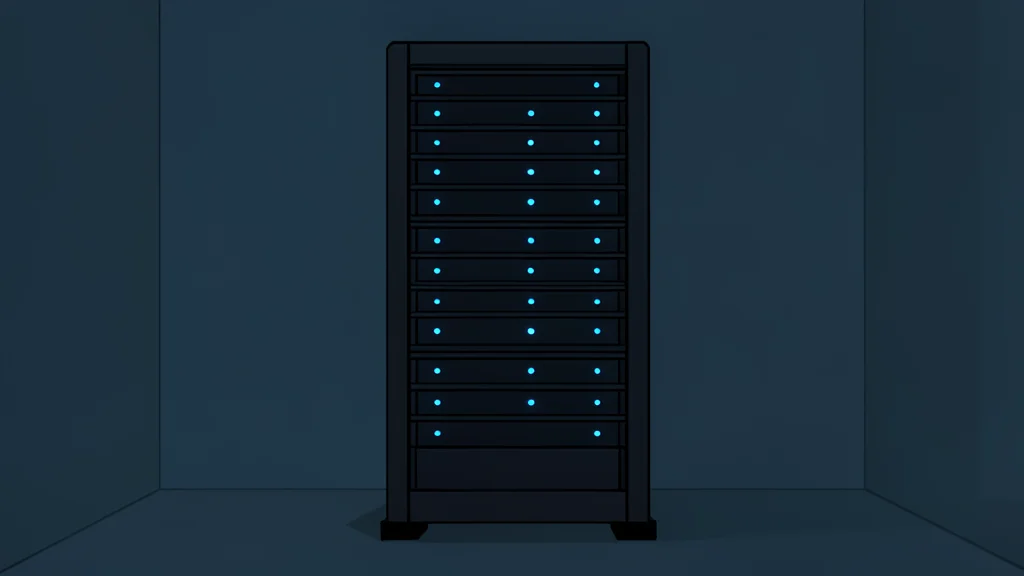 A server rack with glowing blue lights in a dark room