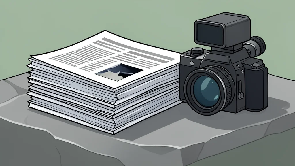 A stack of folded newspapers and a press camera resting on a stone surface