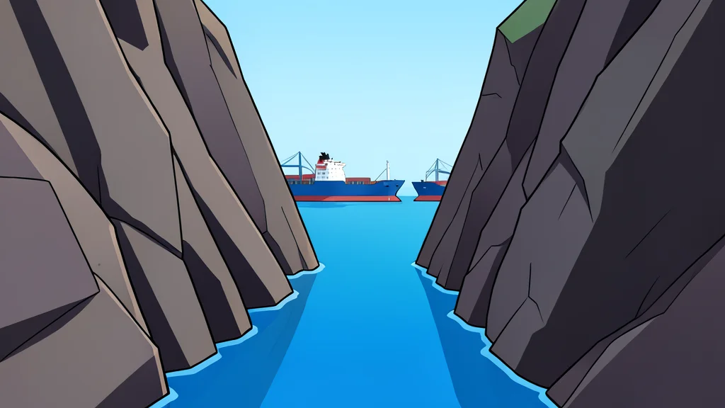 A narrow waterway between rocky cliffs with large cargo ships anchored in the distance