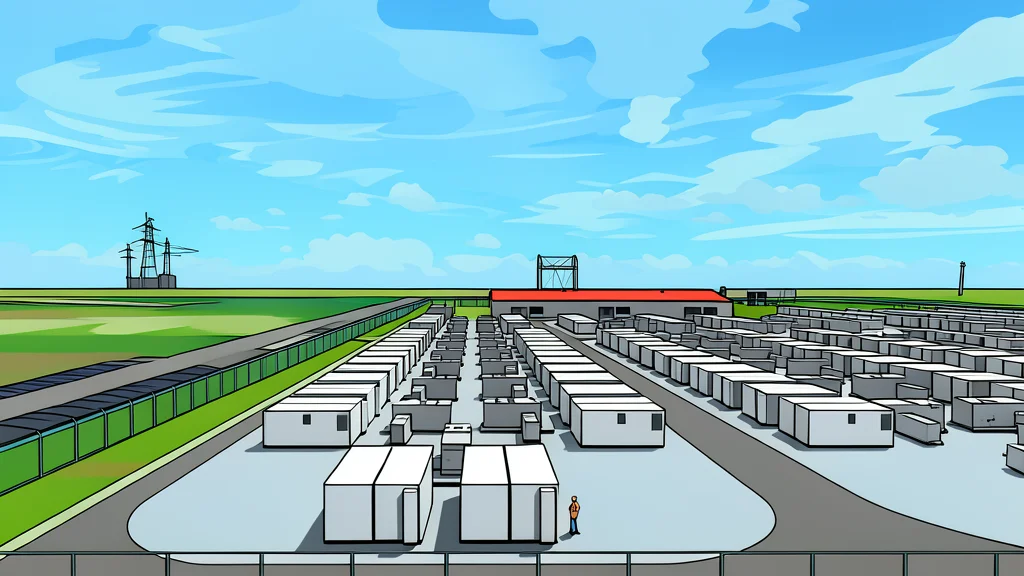 A large industrial battery storage facility with rows of white rectangular containers situated on a grassy field near a decommissioned power plant structure
