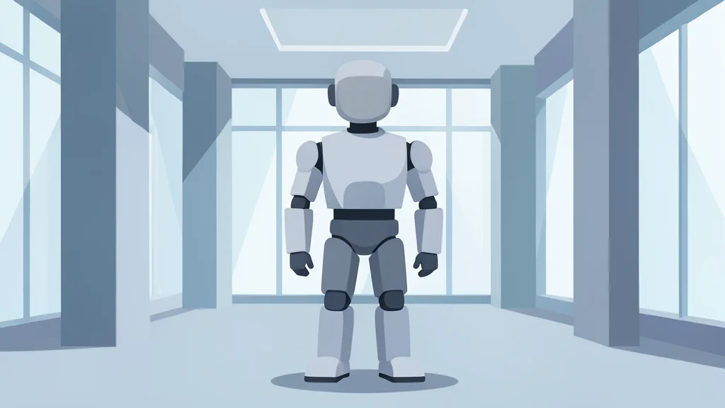 A flat-vector illustration of a humanoid robot standing in a modern exhibition hall with clean geometric lines and soft lighting.