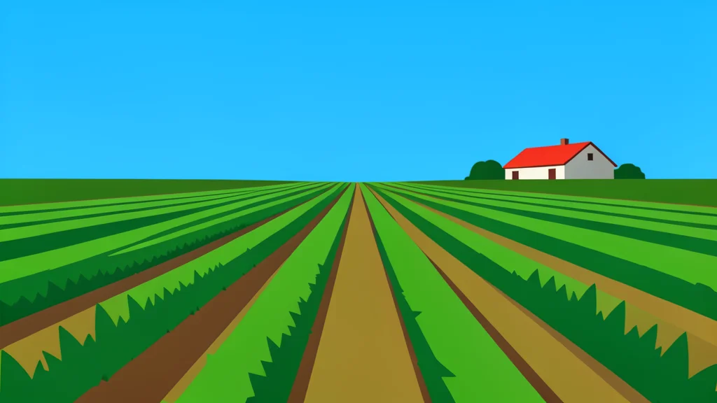 A rural agricultural field with rows of crops and a distant farmhouse