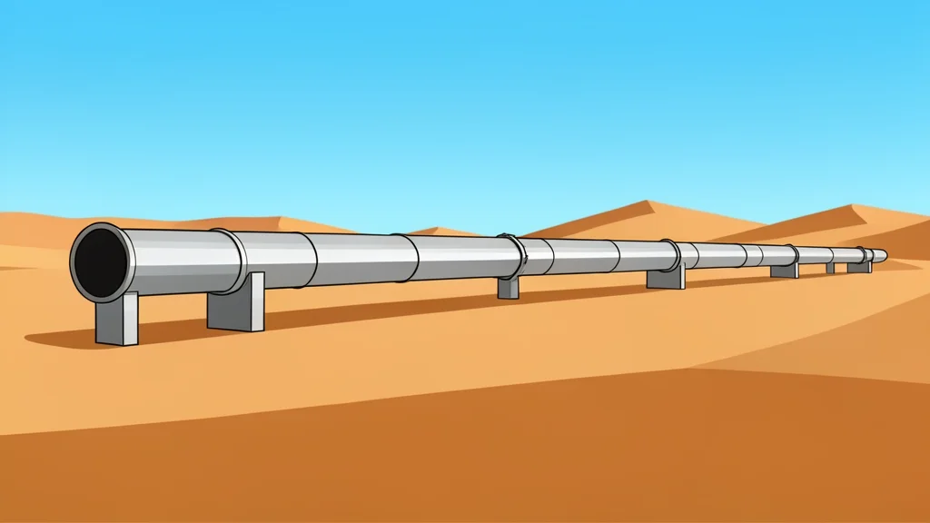 A long metallic pipeline stretching across a vast desert landscape