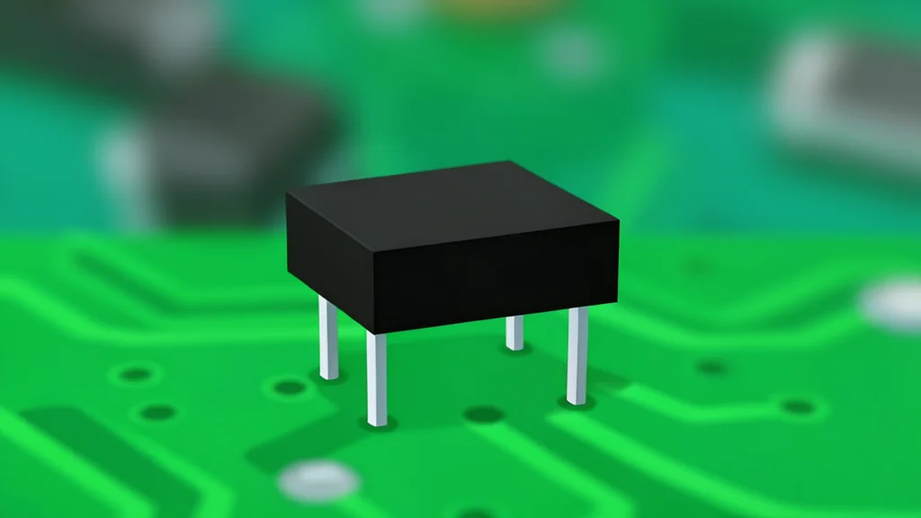 A close-up of a small, black rectangular electronic component with metallic pins, resting on a green circuit board.