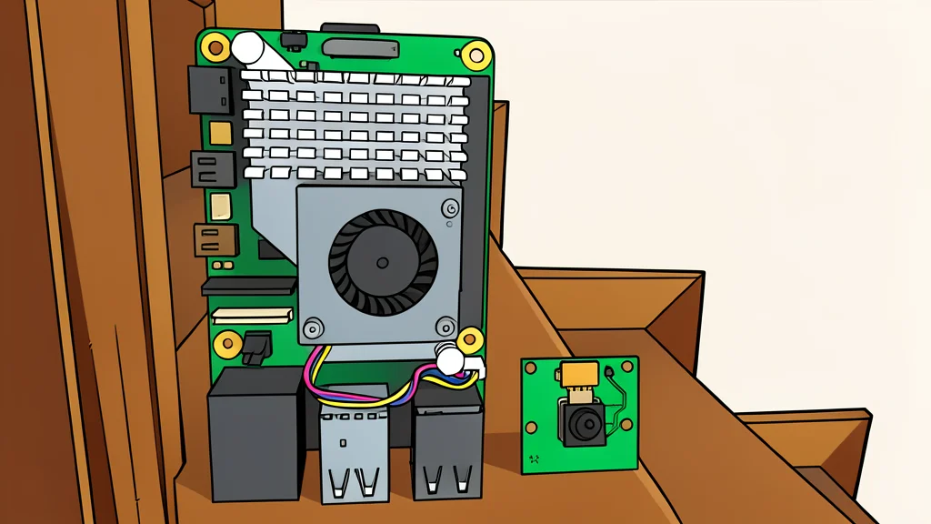 A small, rectangular circuit board with a camera lens attached to one side, connected to a small black box with a screen.
