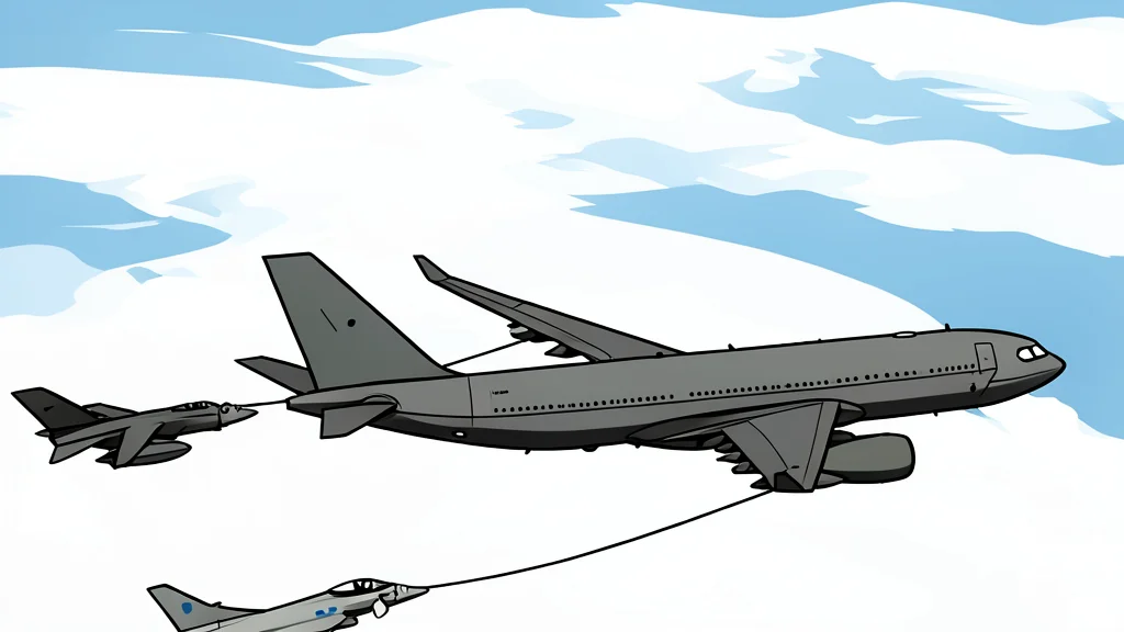A flat-vector illustration of a large military tanker aircraft parked on a runway at an airbase.