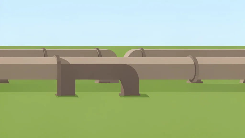 A network of large-diameter steel pipelines running through a grassy field