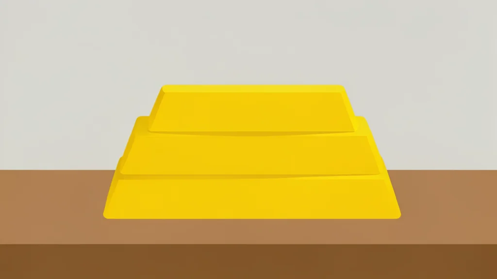 A stack of physical gold bars on a wooden desk