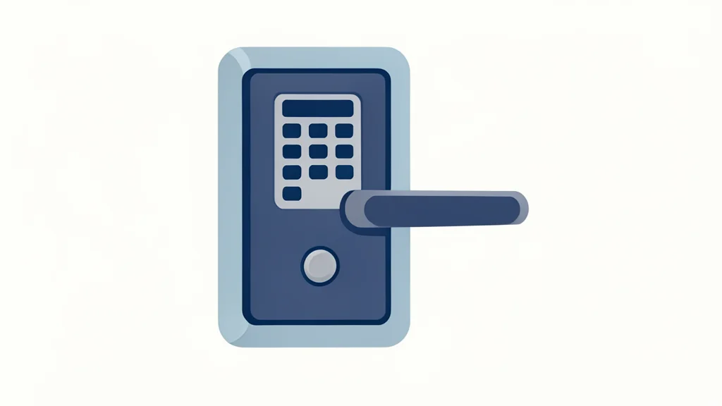 A stylized view of a robust commercial door lock with a keypad and handle.