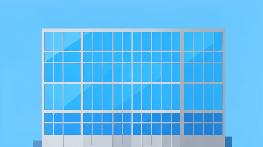 A modern glass office building with a grid of windows reflecting the sky