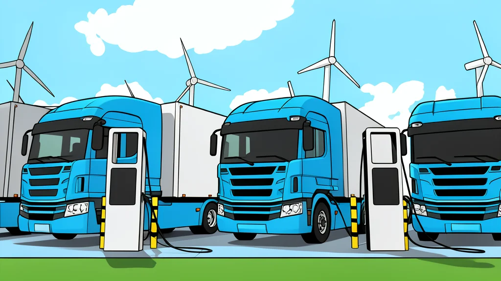 A row of large industrial electric trucks parked in a charging bay with thick cables connected to their rear ports