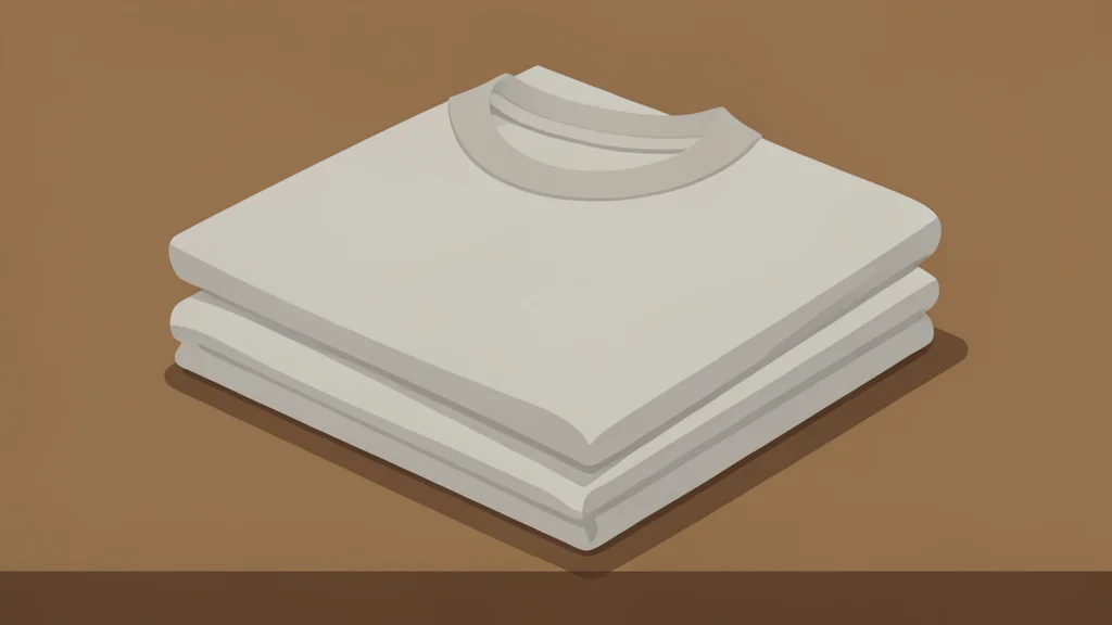 A neatly folded stack of premium cotton t-shirts on a wooden table