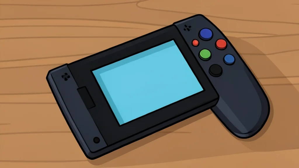 A handheld gaming device with a screen and physical buttons resting on a wooden desk