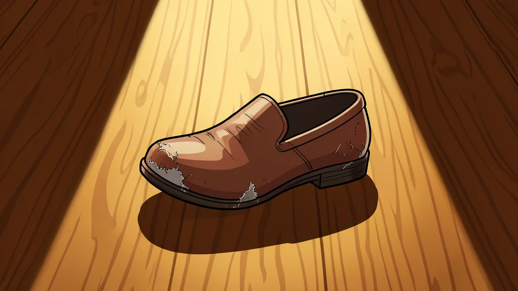 A dimly lit dance studio with wooden floors and a single spotlight illuminating a pair of worn dance shoes