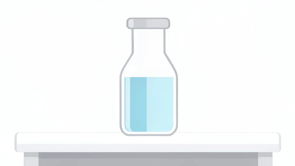 A glass vial containing clear liquid standing on a white laboratory bench