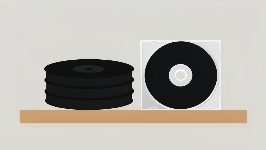 A stack of vinyl records and a CD case resting on a wooden shelf