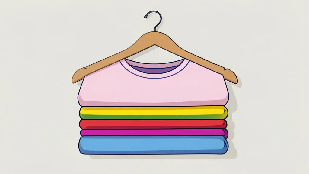 A neat stack of colorful cotton t-shirts folded on a wooden hanger