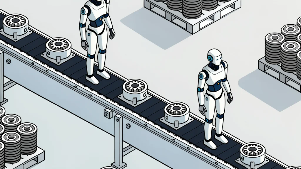A sleek, bipedal humanoid robot standing on a polished factory floor next to a conveyor belt carrying mechanical components.