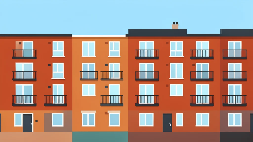 A row of brick apartment buildings with balconies