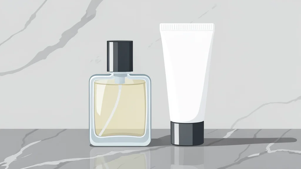 A minimalist glass perfume bottle and a cream tube arranged on a polished marble surface