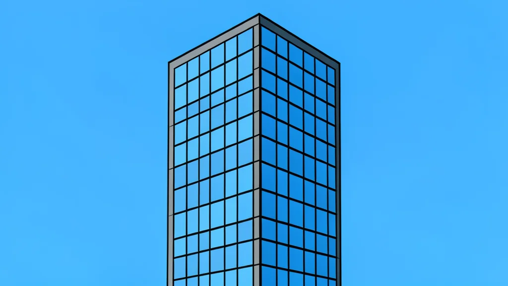 A modern glass skyscraper with a grid-like facade reflecting the sky