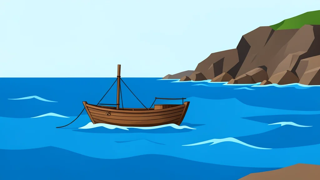 A small wooden fishing boat floating on choppy blue sea water near a rocky coastline