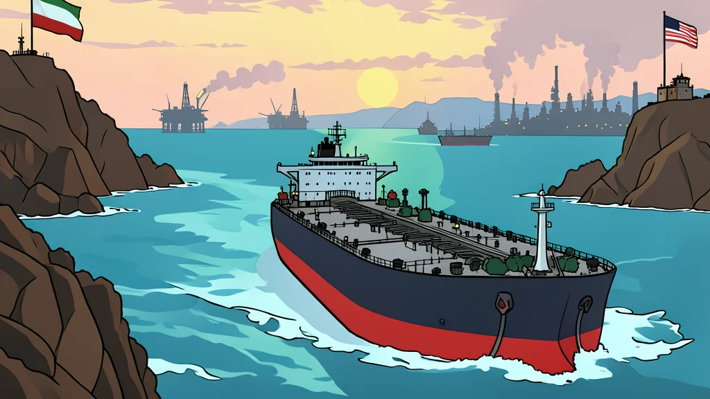 A large oil tanker ship navigating through a narrow, rocky strait