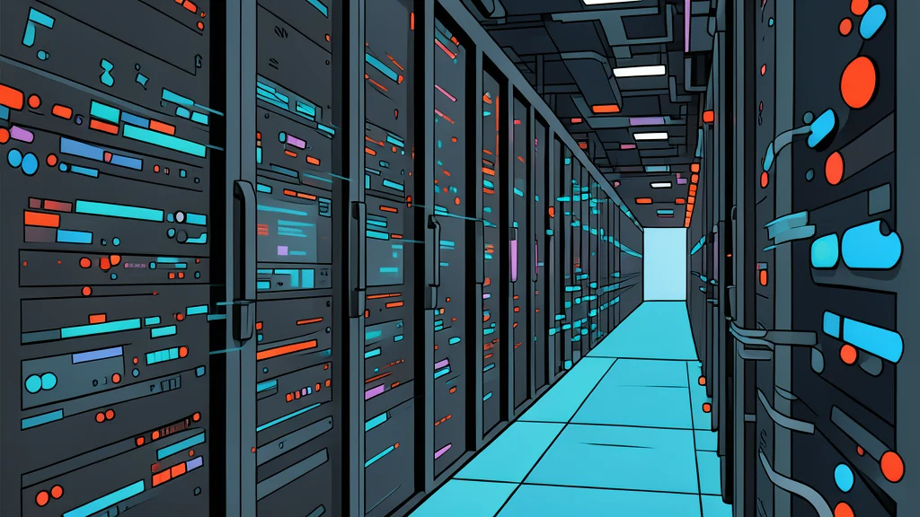 A large industrial server rack with glowing internal components and thick cooling pipes