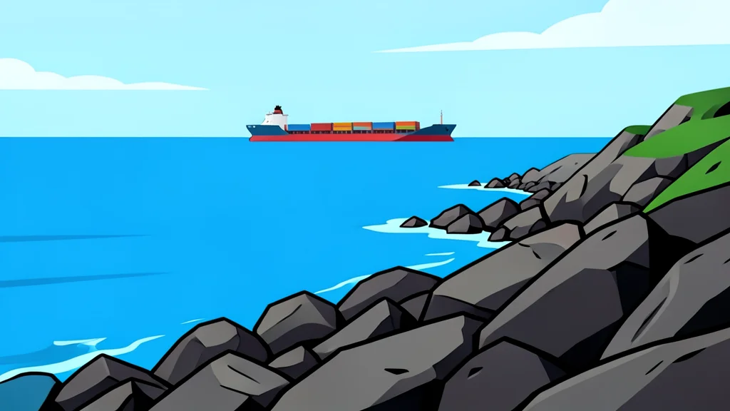A rocky coastline meeting the sea with a large cargo ship in the distance
