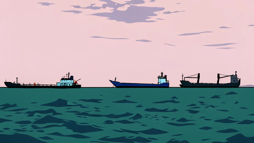 A narrow, deep blue waterway flanked by steep, arid rocky cliffs with a single large oil tanker navigating through the center