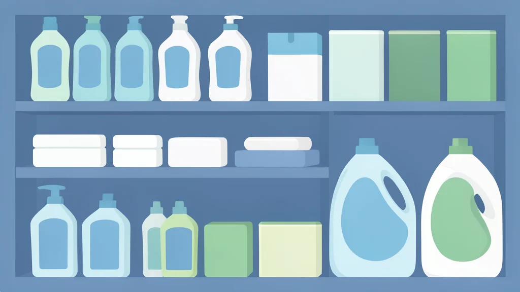 A shelf stocked with generic bottles of shampoo, soap bars, and boxes of laundry detergent