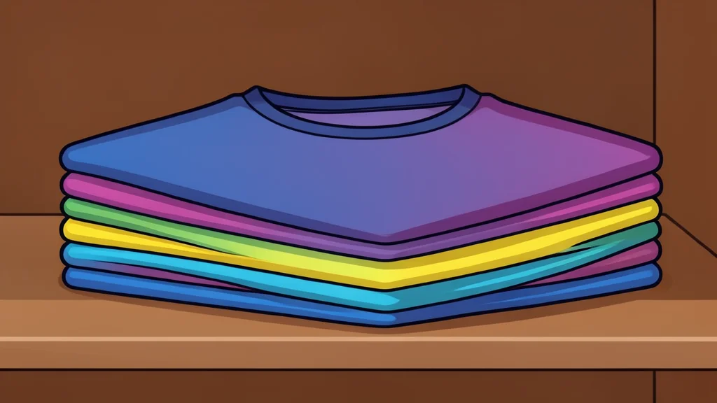 A clothing rack filled with folded garments in a retail store aisle