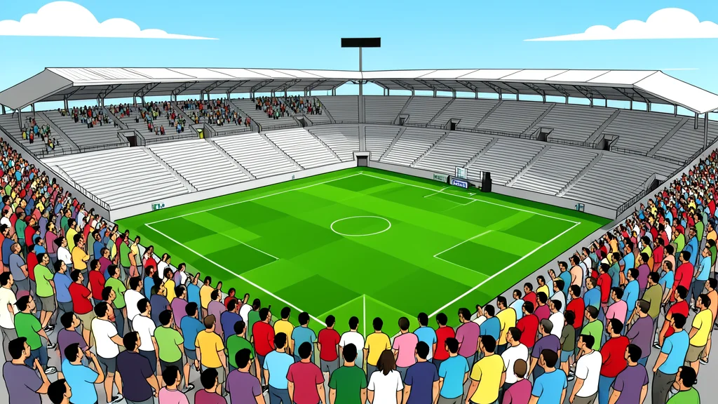A large outdoor stadium with empty seats and a green field, surrounded by a dense crowd of people standing on the perimeter.