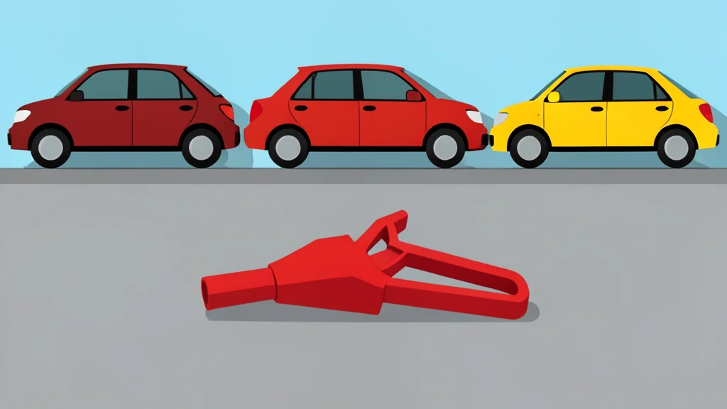 A fuel pump nozzle resting on a concrete surface next to a row of parked cars