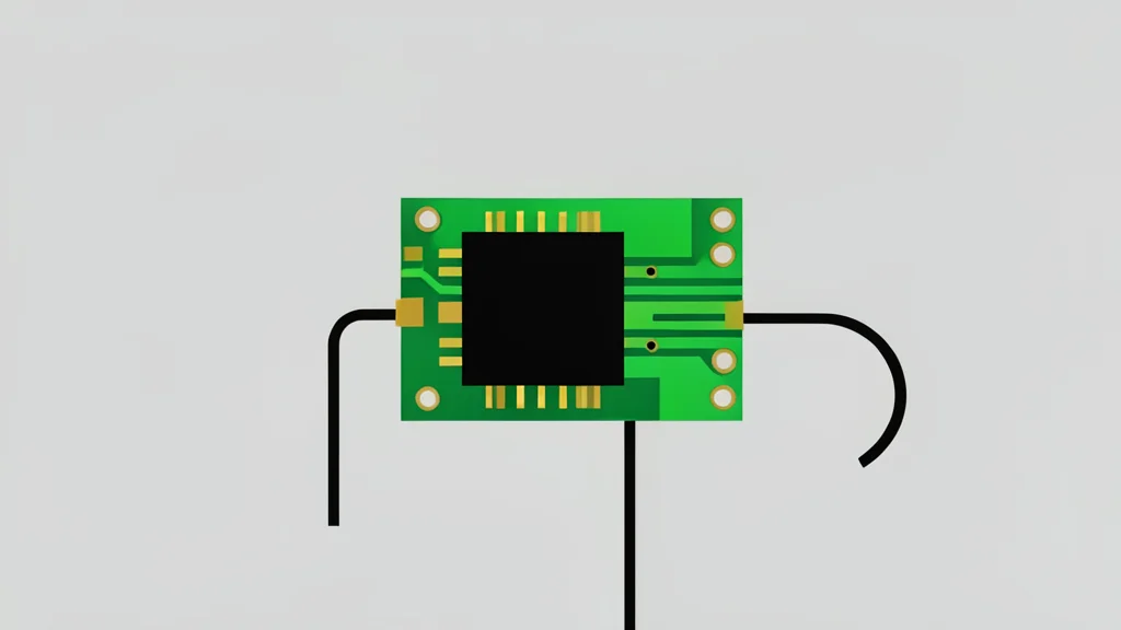 A small green circuit board with a black square chip and gold pins, connected to a thin black cable.