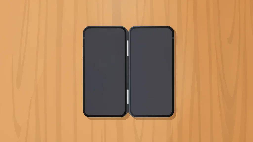 A rectangular smartphone with a flexible screen folded in half, resting on a wooden desk