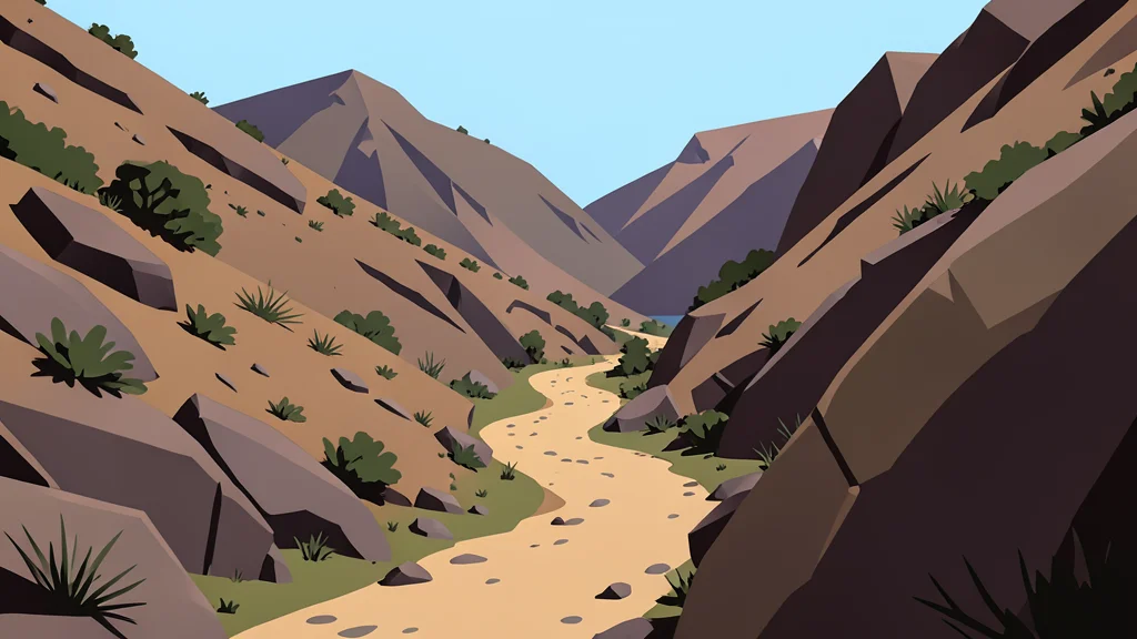 A rugged, rocky valley landscape with sparse vegetation and a winding dirt path