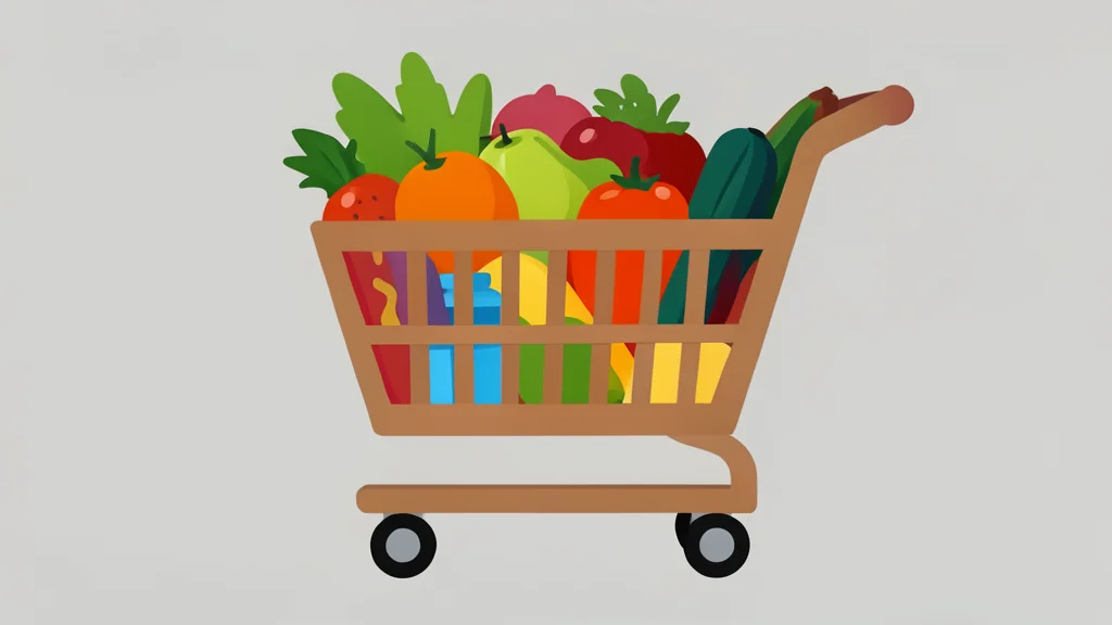 A wooden shopping cart filled with fresh produce and household goods