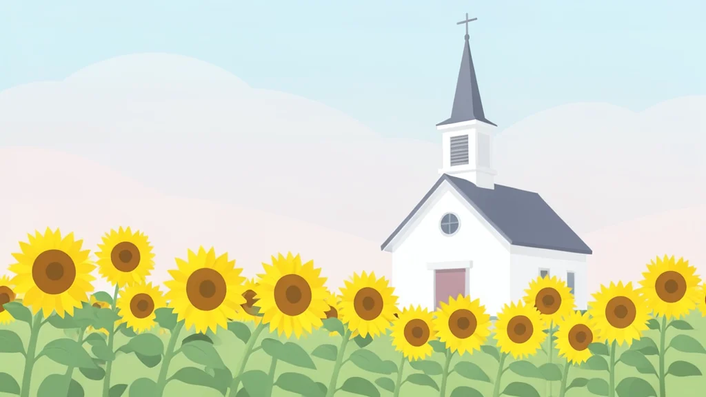 A field of yellow sunflowers swaying in the wind near a small white church with a steeple.