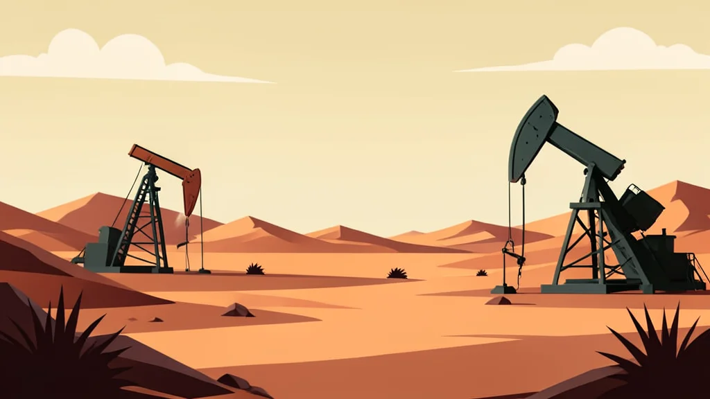 A rugged desert landscape with oil pumpjacks operating in the distance