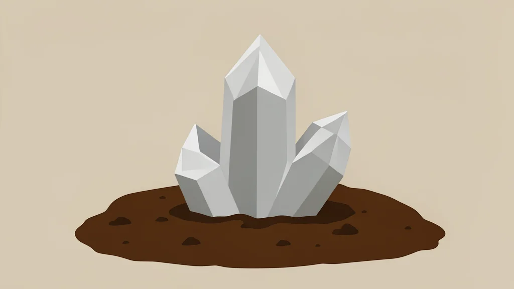 A raw, greyish-white mineral crystal resting on dark soil